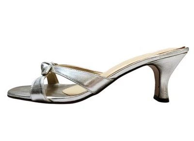 Винтажный размер 8 Серебряный металлический кожаный горки котенок каблуки узел акцент женский  - Изображение 1 из 4