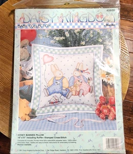 Daisy Kingdom 40600 Bucilla Honey Bunnies Pillow Cross Stitch Kit 1991 Vtg - Picture 1 of 6