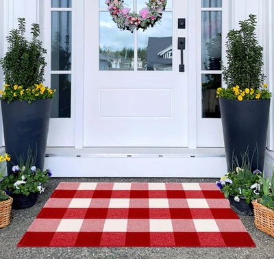 Red and White Front Door Mat 24''X35'' Buffalo Plaid Checked Front Porch Rug ... - Image 1 of 4