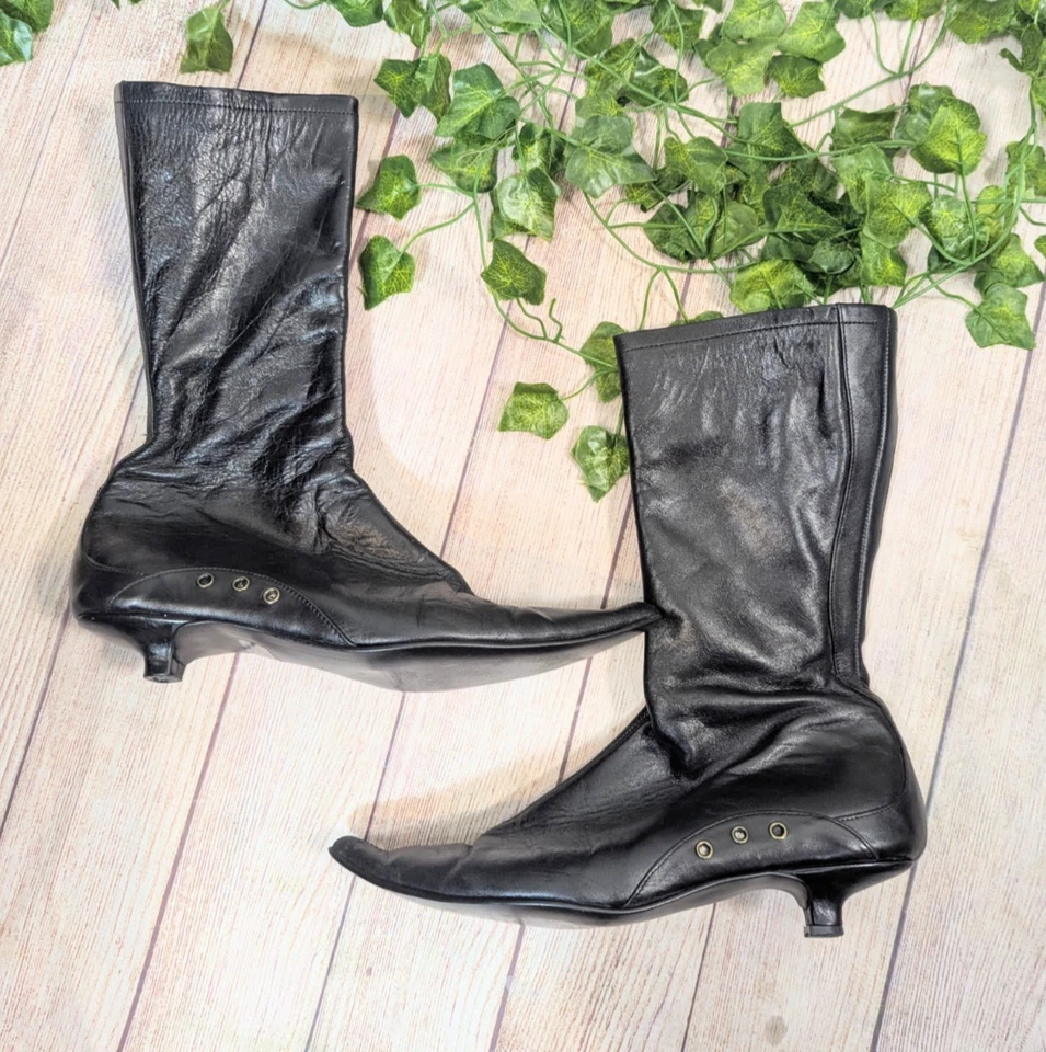 CARLOS CONTI Y2K 复古 80 黑色皮革尖头中跟踝靴 8 — 第 1/4 张图片