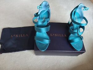 Teal Satin Sandal with acrylic heels Size 38 by LE SILLA Free Shipping