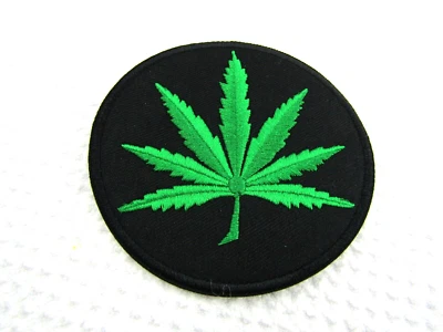 MARIJUANA LEAF IRON ON PATCH 3.2" Round Pot Weed Hippie Embroidered Applique NEW - Image 1 of 2