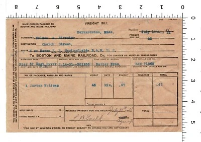 1931 Boston & Maine Railroad RR Freight Bill Bernardston MA Nelson & Streeter - Image 1 of 2