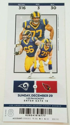 2019 Los Angeles Rams Arizona Cardinals NFL Football Full Ticket Stub Last Game Cover