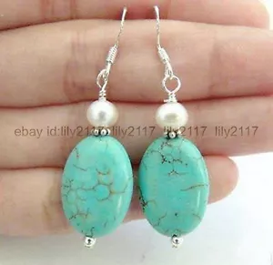 Natural 13x18mm Turquoise 6mm White Shell Pearl Silver Hook Dangle Earrings - Picture 1 of 6