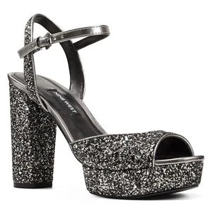 NINE WEST - GAIL, Silver glitter ankle strap 4.5" heel platform sandals, SZ 8 - Picture 1 of 6
