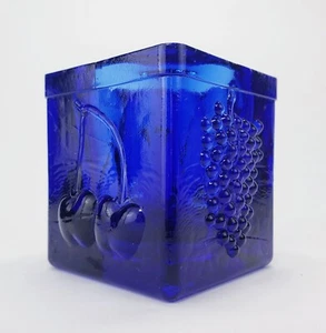 3" Blue Cobalt Recycled Glass Cube Votive Candle Holder Fruit Design from Spain - Picture 1 of 10