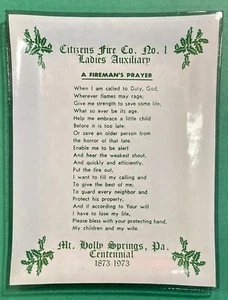 Plato de oración vintage 1973 Centennial A Fireman S 100 años Mt. Holly Springs, Pa. - Imagen 1 de 7