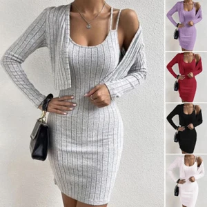 Frauen Sexy Strickjacke Pullover Kleid Bodycon Midi Sommer Kleid Tops Mantel 〒 - Picture 1 of 19
