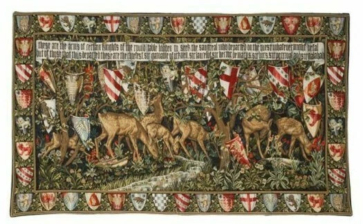 WM MORRIS COATS OF ARMS SHIELDS OF ROUND TABLE KNIGHTS WALL HANGING, ROD SLEEVE - Image 1 of 1