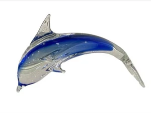 Glass Dolphin Paperweight Ocean Sea Figurine 6 in Long Cobalt Blue Clear - Picture 1 of 10