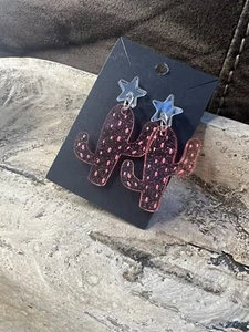 Pink Silver Cactus Earrings Lightweight Acrylic Handmade Boho Jewelry - Picture 1 of 4