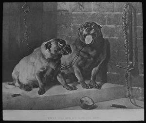 LANDSEER (KÜNSTLER) ONKEL TOM & SEINE FRAU UM 1890 Magische Laternenrutsche BULLDOGGEN HUND - Bild 1 von 5