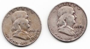 Benjamin Franklin Half Dollar Lot of 2 each 1951 & 1954 - 90% Silver