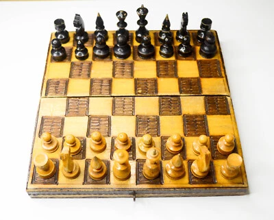 1970's Vintage Wooden travel wood chess small chess set handmade game mini - Image 1 of 4