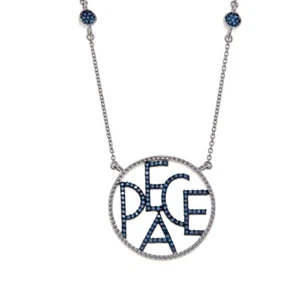 925 Sterling Silver Blue Diamond Written Peace Sign Necklace 18in, 0.60ctw, New - Picture 1 of 6