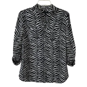 Talbots Black & White Zebra Striped Roll Tab Sleeve Button Up Blouse Size 10P - Picture 1 of 7