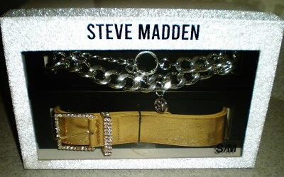 2 Belts Steve Madden Gift Box Set Small Medium Gold tone Rhinestone & Chain S/M - Image 1 of 4
