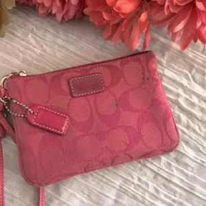 COACH signature logo pink on pink wristlet wallet canvas & leather accents - Picture 1 of 11