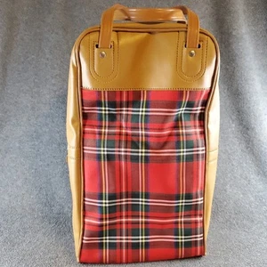 Vintage Red Plaid & Vinyl Picnic Bag / Wine Bottle Carrying Case Retro Camping  - Picture 1 of 19