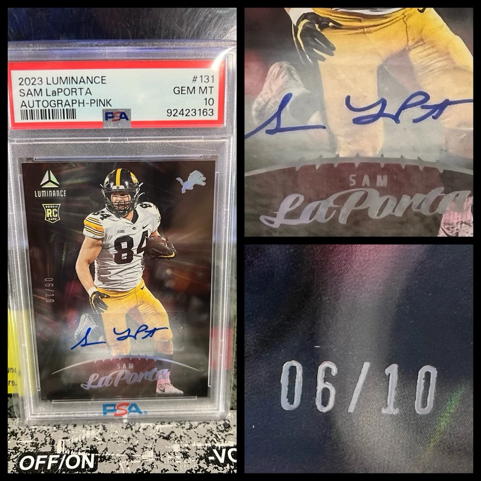 Luminance Sam LaPorta 2023 6/10 rosa novato autógrafo automático graduado PSA 10 GEM MT Foto 1 de 4