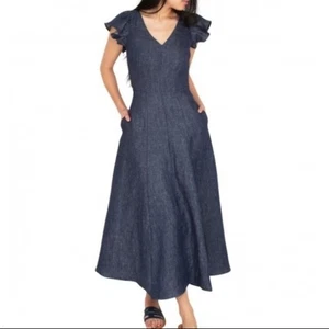 Ann Mashburn Flutter Sleeve Maxi Dress in Dark Chambray Linen, Size XS - Picture 1 of 15