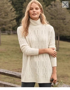Garnet Hill Cashmere Merino Sweater M Turtleneck Cable Knit Ivory Tunic Oversize - Picture 1 of 14