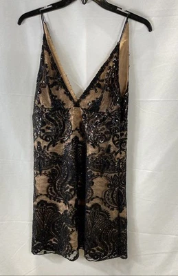 Free People Night Shimmers Black Tan Sequin Paisley Mini Dress Women's - Image 1 of 4