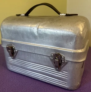 Vintage Non Rust Aluminum Sanit-Kit Lunch Box Leather Handle Metal Miner Pail - Picture 1 of 22