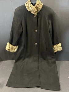 Vtg Russel Scott black Wool 80% leopard faux fur collar womens 46 Trench-coat - Picture 1 of 16