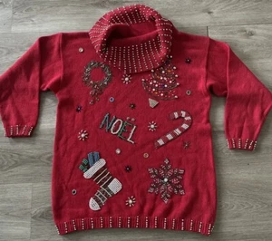 VTG Victoria Jones Christmas Sweater Turtle Neck Red Embellished Knit Pullover - Picture 1 of 16