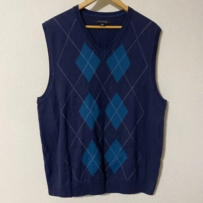 Structure VTG Sweater Vest Men’s XL Navy Blue Argyle V-Neck Cotton Preppy - Image 1 of 4