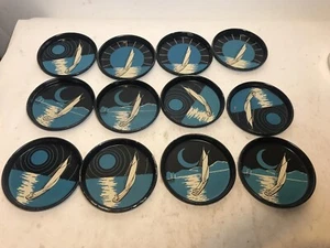 sailboat coaster set of 12 mid century modern metal lithograph sun moon - Picture 1 of 12