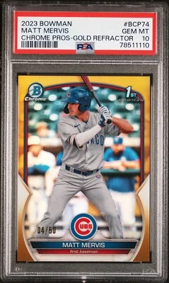 2023 Bowman Chrome Prospect Gold Refractor BCP74 Matt Mervis /50 PSA 10 - Image 1 of 2