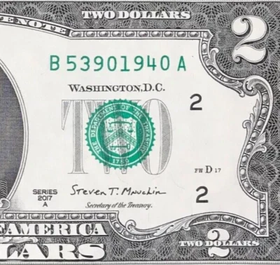 B 5390 1940 A : TRAILING YEAR 1940 $2 Two Dollar Bill Serial Number - Image 1 of 3