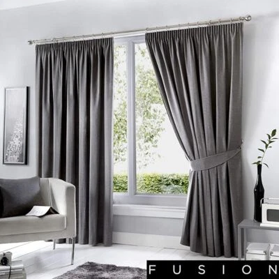 Fusion Dijon Blackout Thermal Lined Pencil Pleat Curtains Pair Charcoal - Image 1 of 4