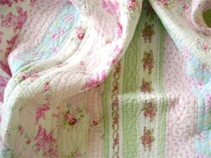 COZY COTTAGE WILD ROSE 3pc Queen QUILT SET : COTTON VINTAGE PINK GREEN BLUE - Picture 1 of 8