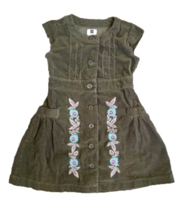 Tea Village Floral Corduroy Green Embroidery Girls Button Up Dress Size 5 - Image 1 of 4