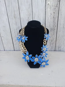 Coldwater Creek Goldtone Blue Enamel Flowers Rhinestones Statement Bib Necklace - Picture 1 of 13