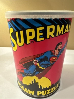 Vintage 1973 SUPERMAN 81-Big Piece Jigsaw Puzzle Round Canister All Pieces - Image 1 of 4