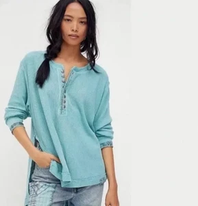 We the Free People Fall For You Thermal Henley Waffle Knit Top Oversized Green-S - Picture 1 of 13