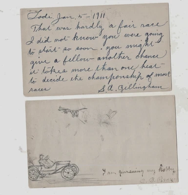 CORRESPONDENCIA, BOCETO EN 2 POSTALES SOBRE UNA CARRERA DE AUTOMÓVILES, CALIFORNIA 1911 Foto 1 de 2