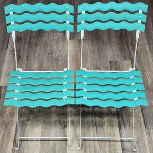 Vtg Post Modern French Phoenix Folding Patio Chairs Wavy Teal Blue Green Pair - Picture 1 of 17