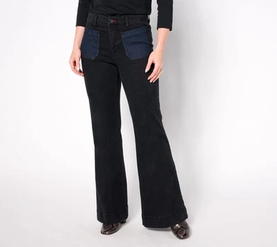 Pantalones de mezclilla Peace Love World Petite para mujer 0P parche bolsillo acampanados negros A653299 Foto 1 de 4