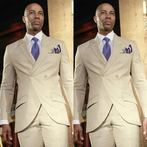 Trajes beige para hombre formales de negocios de doble botonadura 2 piezas trajes de novio de boda - Imagen 1 de 15