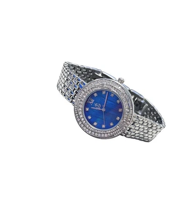 DAMEN UHR MIT BLAUEM PERLMUTT ZB   IP-SILBER + 123 KRISTALLE   SCHMUCKJAGD - Bild 1 von 4