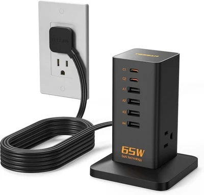 Charging Station for Multiple Devices Charger PD 65W with 6 USB Ports 3 AC 10Ft - Image 1 of 4