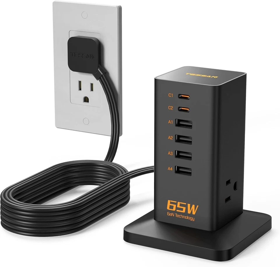 Charging Station for Multiple Devices Charger PD 65W with 6 USB Ports 3 AC 10Ft - Image 1 of 4