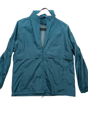 Woolrich女式L隐藏领连帽绿色风衣夹克雨衣尼龙通风 — 第 1/4 张图片