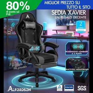 ALFORDSON Sedia Gaming Massaggio Sedia da Ufficio con Poggiapiedi Grigio e Nero - Foto 1 di 12